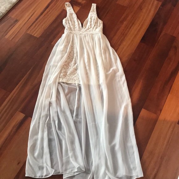 short dress with sheer maxi overlay